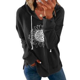 Ovanviso Women Sunflower Graphic Hoodies Long Sleeve Pullover Drawstring Sweatshirt Loose Fit Tunic Tops Black X-Large