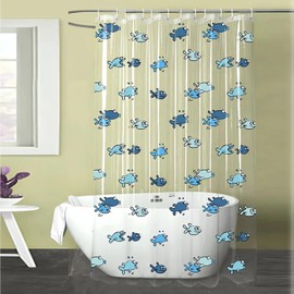 Clear Funny Blue Fish Shower Curtain Liner,Plastic Transparent Cute Summer Kids Boys Bathroom Decor Shower Curtain Set with Hooks,72x72 Waterproof Grommet Cool Anime Ocean Animal Print Shower Curtains