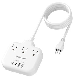 Brazil Power Adapter with 5FT Extension Cord, meta-ant US to Brazil Travel Plug with 3 American Outlets and 4 USB Charger Port(2 USB C), Type N Adapto