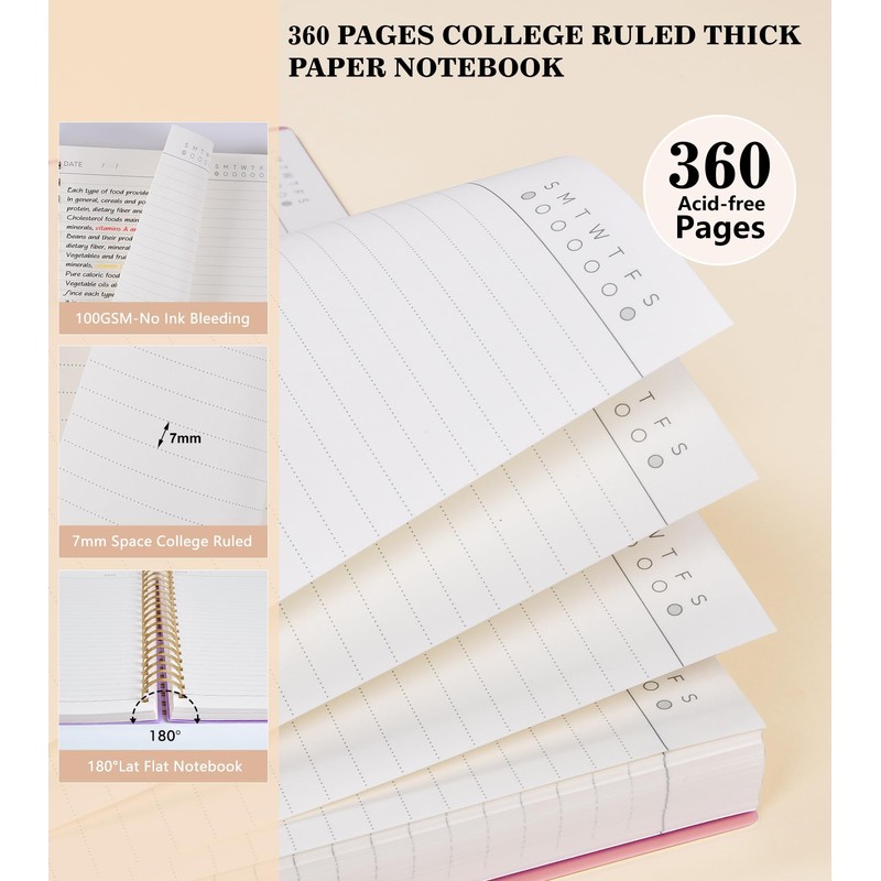 Pink Spiral Notebook Journal,360 Pages College Ruled Notebook, Lined Thick