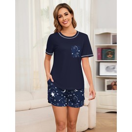 Namatime Women's Short Pyjamas, Summer Cotton, Two-Piece Sleepwear, Shorty Loungewear, navy blue star, M
