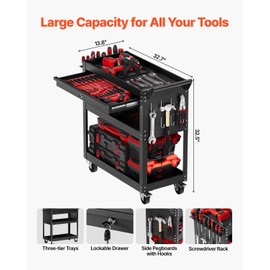 VEVOR 4-Tier Tool Cart with Wheels, 350 lbs Load Capacity, Rolling Work Cart with Drawer & Pegboard, Mechanic Tool Storage Organizer with Locking System for Garage, Warehouse and Repair Shop, Black