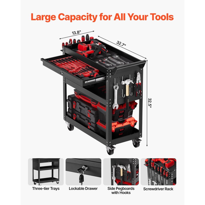 VEVOR 4-Tier Tool Cart with Wheels, 350 lbs Load Capacity,