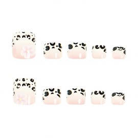 French Tip Press on Toenails Short Square Fake Toe Nails with Designs Flower Gel Glue on Toenails Leopard False Toe Nails Summer Acrylic Toenails Glossy Stick on Toenails for Women