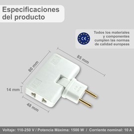 3-Stars | Packung mit 4 Stück | Flachsteckdose, 3 Steckdosen, schlankes Design: ideal für enge Räume, um 180 Grad drehbarer Kopf, amerikanischer und europäischer Adapter, 250 V, 10 A Erde.