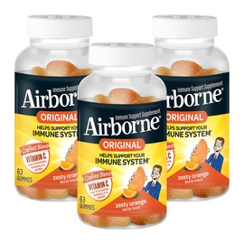 Airborne 750mg Vitamin C Immune Support Supplement Gummies for Adults, Zesty Orange Flavor, Gluten Free Crafted Blend with Powerful Antioxidants Vitamins A C & E, 63 Gummies (3 Pack)