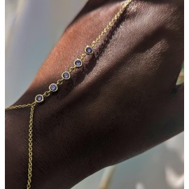 Amethyst Tarnish Resistant Ring Bracelet Hand Chain for Women, 6" to 8" adjustable wrist length, Birthstone Finger Bracelet, February Birthstone (Gold, 5 Amethyst)