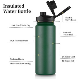 VQRRCKI 24 oz Insulated Water Bottle Bulk 4 Pack, Stainless Steel Sports Water Bottles with Straw Lid & Wide Mouth Lids, Double Walled Vacuum, Leak Proof, Dark Green