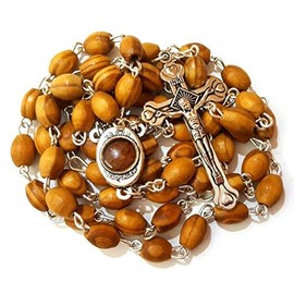 Rosary Olive Wood Beads Necklace Holy Soil Medal & Metal Cross