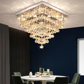Modern 20'' LED Square Ceiling Light Fixture, Flush Mount Crystal Ceiling Light Fixture for Dining Room Living Room Bedroom Hallway