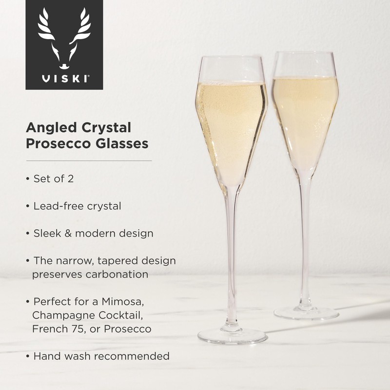 Viski Angled Prosecco Sparkling Wine Glasses, Crystal Clear Long Stemmed