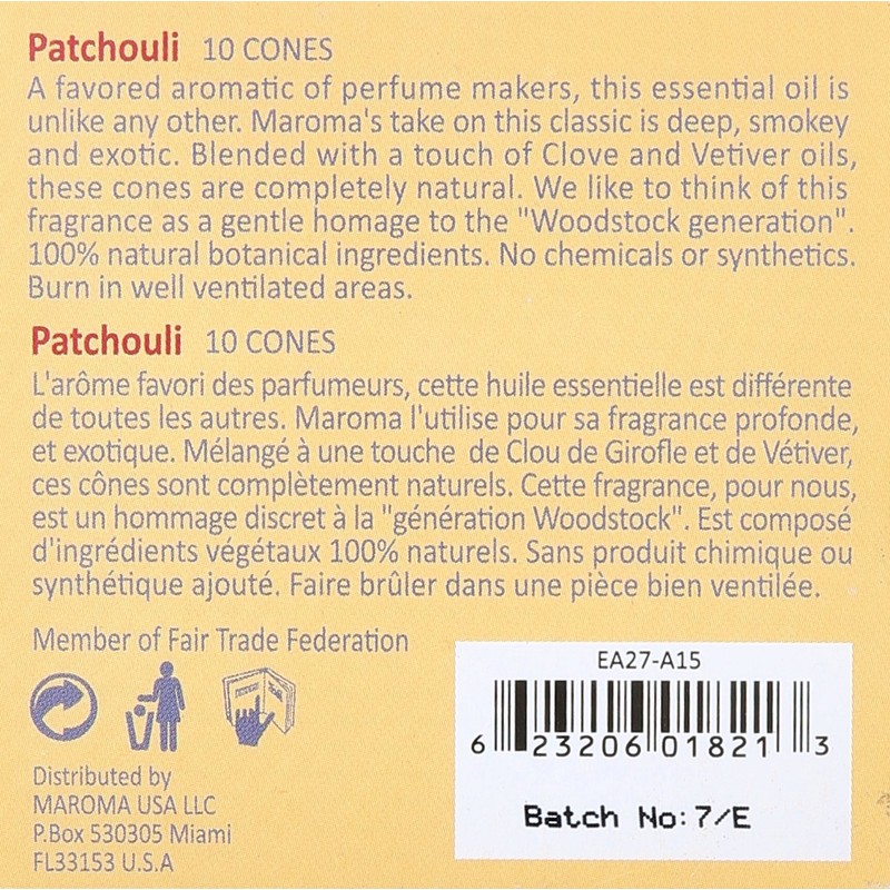 Maroma Eda Cone Incense, Patchouli, 10 Count