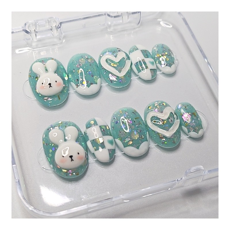 Mint Rabbit Handmade Nail Tips - Coffin / 민트 토끼