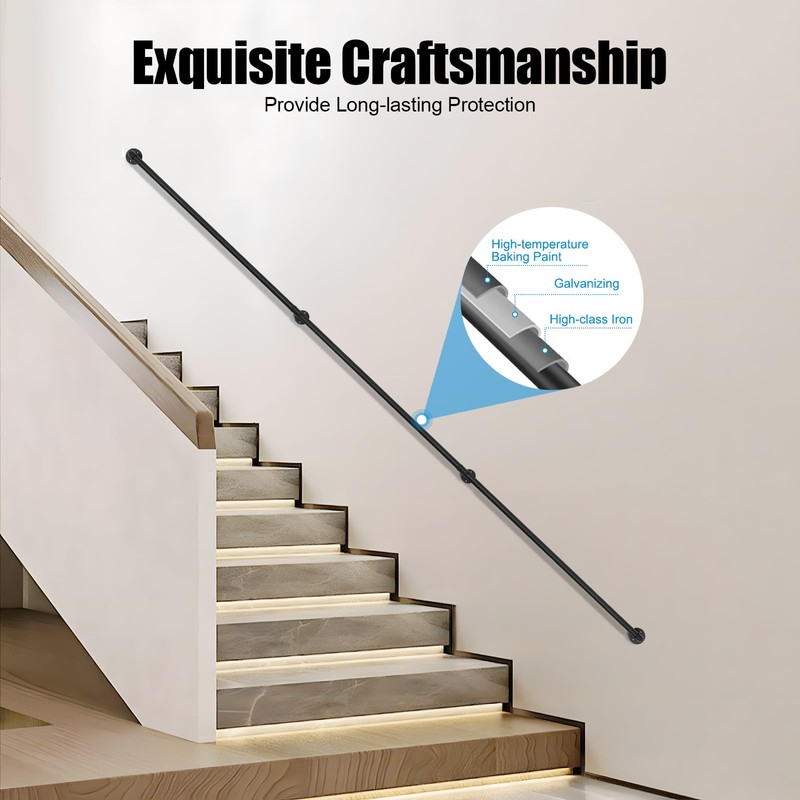 DYNAMI 12 Feet Pipe Stair Handrail,Wall Mount Black Galvanized Industrial