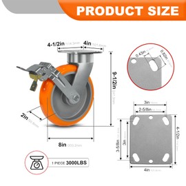 8"x2" Super Heavy Duty Casters, Kingpinless Crowned Polyurethane Tread Aluminum Core Wheel, 3000 lbs Load Capacity Per. Use for Large Platform Truck, U-Boat Cart (1 Brake)