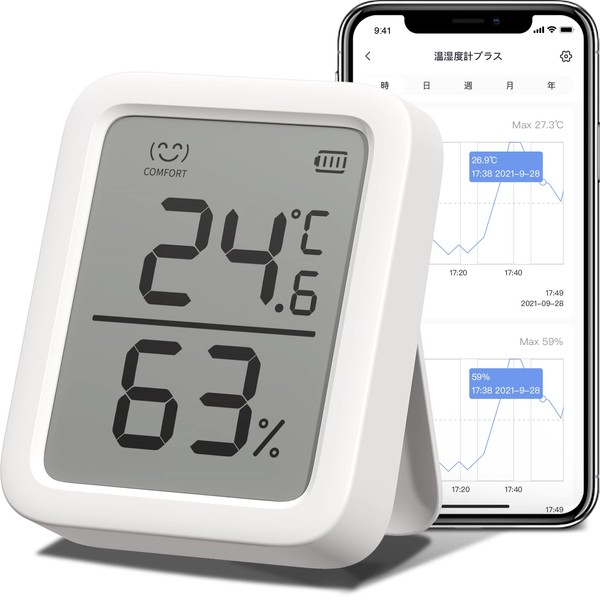 SwitchBot Thermometer/Hygrometer Plus, Alexa Thermometer, Hygrometer, Switch Bot, Temperature and Humidity Management with Smartphone, Digital, High Precision, Compact, Large Screen, Temperature, Humidity, Alarm, Face Marks, Graph Recording, Smart Home, 