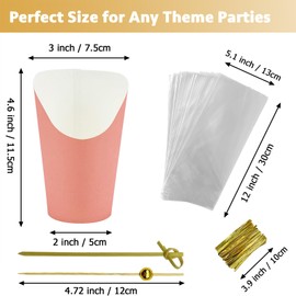 CAMKYDE 50 Sets Disposable Charcuterie Cups with Sticks and Bags, 12 oz Pink Paper Snack Appetizers Cup French Fry Holder with Cocktail Picks Toothpicks (50 Cups+50 Bags+200 Sticks)