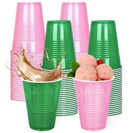 FYSUIMU 100Pcs Pink and Green Plastic Cups 16Oz Disposable Drinking Cup Stackable Party Cups for Green Pink Theme Watermelon Flamingo Party Supplies