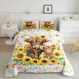 Feelyou Highland Cow Bedding Set Twin Size Cute Highland Cattle Comforter Set for Kids Boys Girls Teens Toddler Sunflower Duvet Set Wild Animal Quilt Set 2Pcs