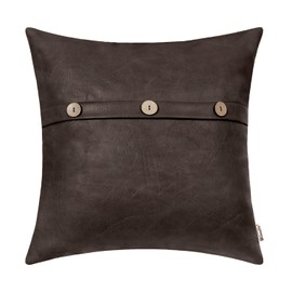 BRAWARM Leather Throw Pillow Covers 18 X 18 Inches, Coffee Faux Leather Pillow Cover with Triple Button, Farmhouse Decorative Faux Leather Pillows for Couch Sofa Bed Home Garden