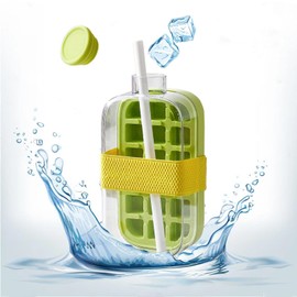 Ice Bottle Cup 800ml Reusable Ice Cube Bottle 2 in 1 Ice Cube Molds push-based with straw Lid and Bottle for Coffee Juice and Beverages