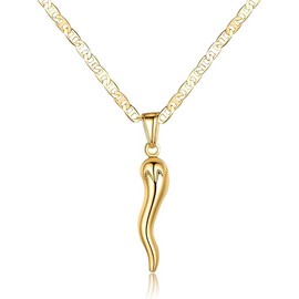 Barzel 18K Gold Plated Flat Marina Chain With Italian Horn Necklace Cornicello - Made In Brazil