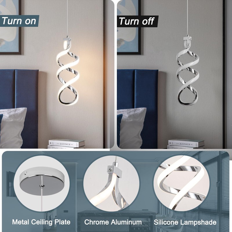 Modern Led Pendant Light Fixture, 15W Chrome Spiral Led Chandelier