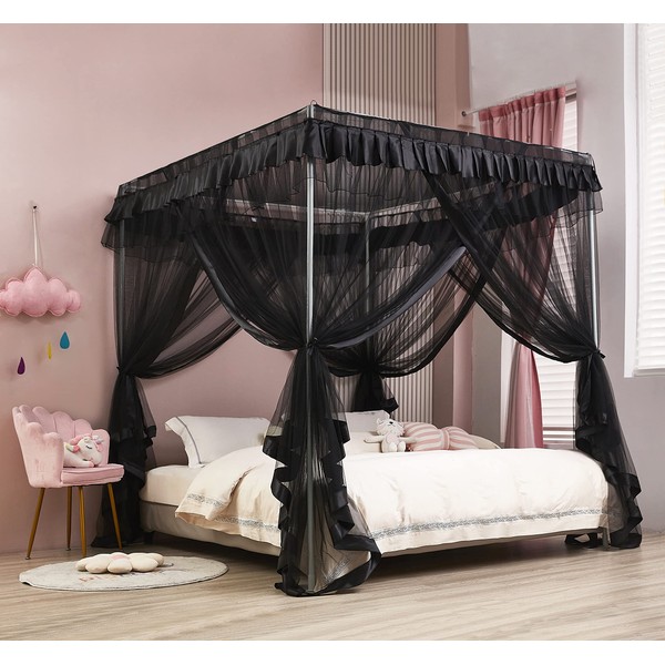 Mengersi Black Bed Canopy, 4 Corner Post Bed Canopy Curtains, Quick and Easy Installation for King Size Beds