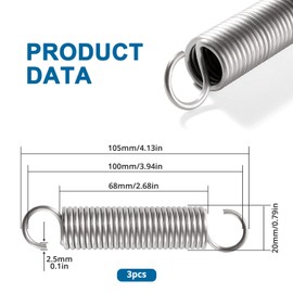 VooGenzek 3 PCS 2.5 * 20 * 100 mm Extension Spring, Stainless Steel Tension Spring with Hooks, Open Dual Hook Tension Spring, for Tents, Awnings, Trampoline
