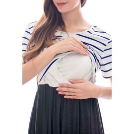 Smallshow Women's Short Sleeve Patchwork Nursing Dresses for Breastfeeding Medium White Stripe