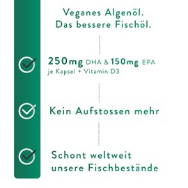 Vitalplant® Omega 3 Vegan | 250mg DHA + 150mg EPA per Capsule | 90 Capsules High Dose Omega 3 Fatty Acids from Algae Oil | + Vitamin D3 | Vegetable Alternative to Fish Oil Capsules