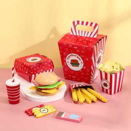 TOYANDONA Wooden Fast Food Burger Fries Deluxe Dinner Set, Kitchen Pretend Play Accessories Toy, Realistic Burger Fries Pretend Play Food Set Toy House Props Educational Gifts