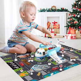 CUTE STONE Toy Airplane with Smoke, Lights & Sounds, Friction Powered Plane Toy with Mini Cars for Kids, Great Christ Gift for Boys and Girls