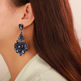 Kercisbeauty Statement Blue Crystals Dangle Drop Earrings Women Girls Rhinestones Black Jewelry Retro Earrings (Blue)