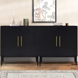 REHOOPEX Set of 2 Black Side Storage Cabinet, Free Standing Cabinets, Wood Accent Cabinet with Doors, Black Sideboard for Bedroom, Kitchen,Home Office