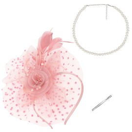YARIEW 2025 Fascinators Hats for Women, Pearl Necklace for Women Tea Party Hats for women Feather Fascinator Headband for Wedding, Tea Party, Cocktail Dress Outfits Pink