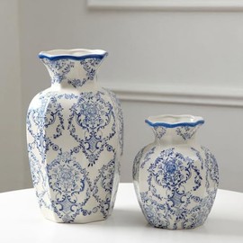 Jarrón vintage azul y blanco de 9.5 pulgadas, 6 pulgadas, jarrones rústicos de cerámica para decoración del hogar, sala de estar, estantería, oficina, gran decoración milenaria, decoraciones de chinoiserie