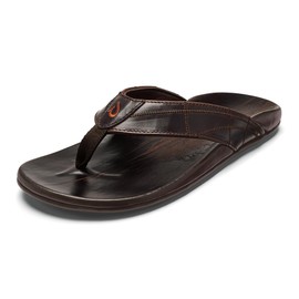 OLUKAI Hokule'a Kia Men's Leather Sandal, Full-Grain Leather, Non-Marking Rubber Traction Pads & Compression Molded Footbed, Dk Wood/Dk Wood, 12