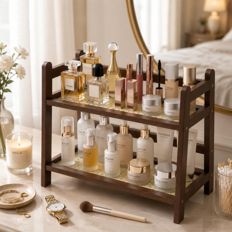Rattan-Look Bathroom Counter Organizer, Countertop Shelf for Bathroom Decor