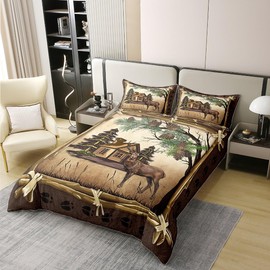 Castle Fairy 100% Nature Cotton Wild Elk Duvet Cover Full Size for Teens Youth,Jungle Adventure Wildlife Comforter Cover (Not Comforter),Vintage Country Deer Footprints All Season Super Soft Bedding