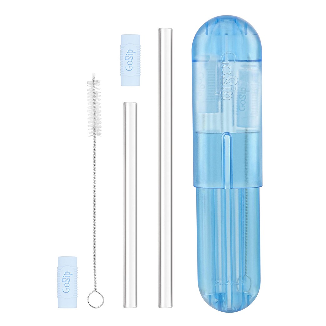 Final Touch GoSip 3-in-1 Reusable Glass Drinking Straws with Cleaning Brush and Go Sip Case (Clear Blue)