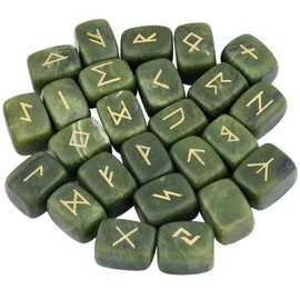 mookaitedecor Natural Green Jade Runes Stones Set of 25, Viking Norse Runes with Elder Futhark Alphabet Symbol for Divination Reiki Healing Crystal Witchcraft Pagan Supplies Spiritual Gift Room Decor