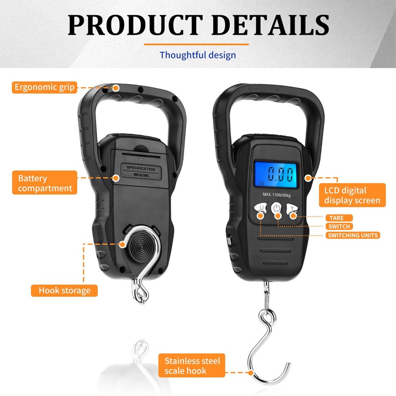 Fish Scale,110lb/50kg Large Handle,Large Backlit LCD Display,Digital Fish Scale with