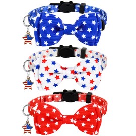 JarThenaAMCS 3Pcs Patriotic Cat Collar American Flag Star Collar with Breakaway Bell Bow Red White Blue 4th of July Adjustable Kitten Collars for Independence Day Girl Boy Cat Small Pet