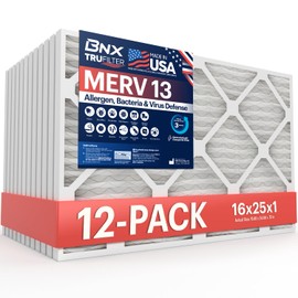 BNX TruFilter 16x25x1 MERV 13 (12-Pack) AC Furnace Air Filter - MADE IN USA - Electrostatic Pleated Air Conditioner HVAC AC Furnace Filters - Removes Pollen, Mold, Bacteria, Smoke