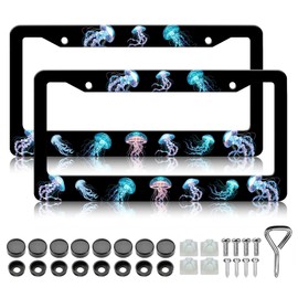 Jellyfish License Plate Frames - 2 Pack Ocean Funny License Plate Holder,Rust-Proof Waterproof Stainless Steel Car Decorative Tag Frame with Screws Fasteners Caps