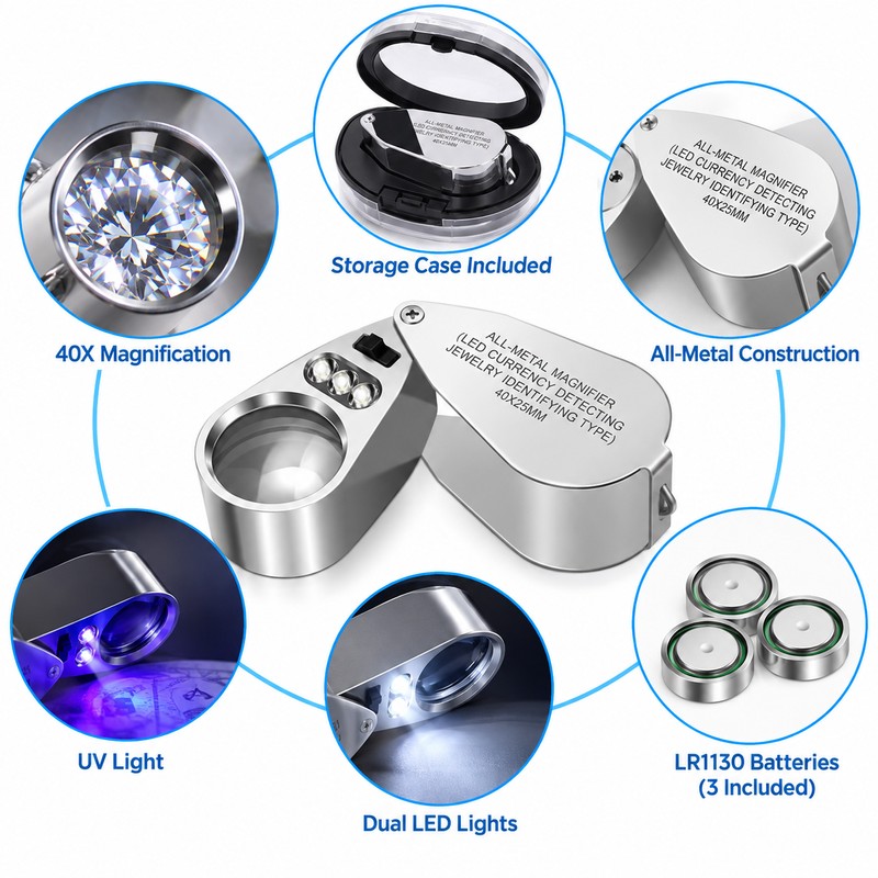 40X Jewelry Loupe for Close-Up Inspection – LED & UV