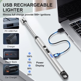 LcFun Candle Lighter Electric Arc Windproof Lighters, USB Rechargeable Lighter with LED Battery Display, 2 Pack Flameless Long Lighters for Candle Grill BBQ Camping Fireplace Stove (Black & Silver)