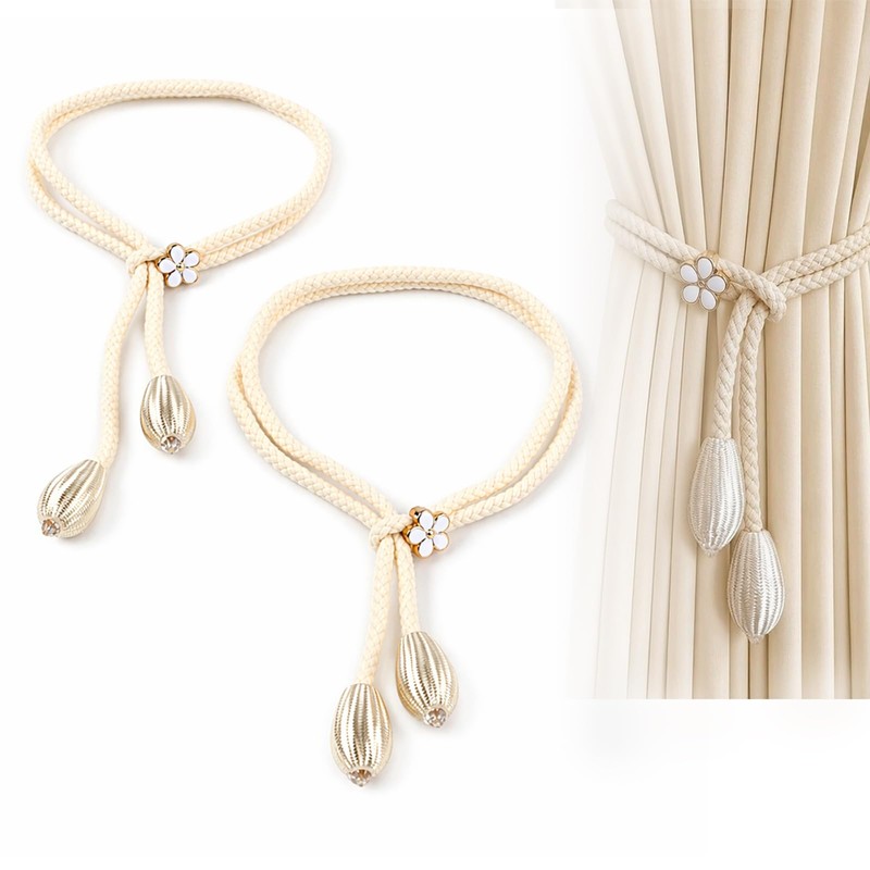 Elovara 2 Pack Cotton Rope Tie Backs, Flower Buckle Drill