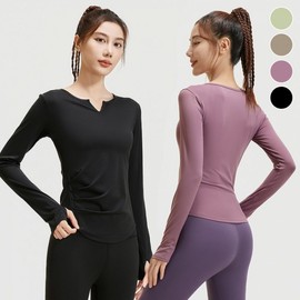 Pilates Running Long-Sleeve Workout Top with Shirring and V-Neck Yoga Wear Black-XL